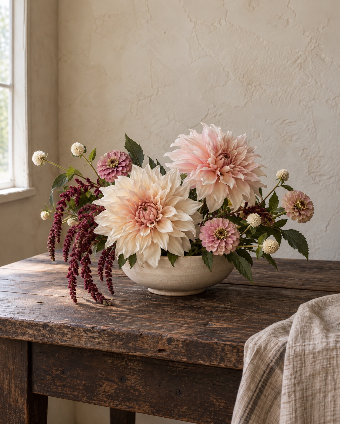 Blush and cream flowers in a stone bowl on weathered wood
